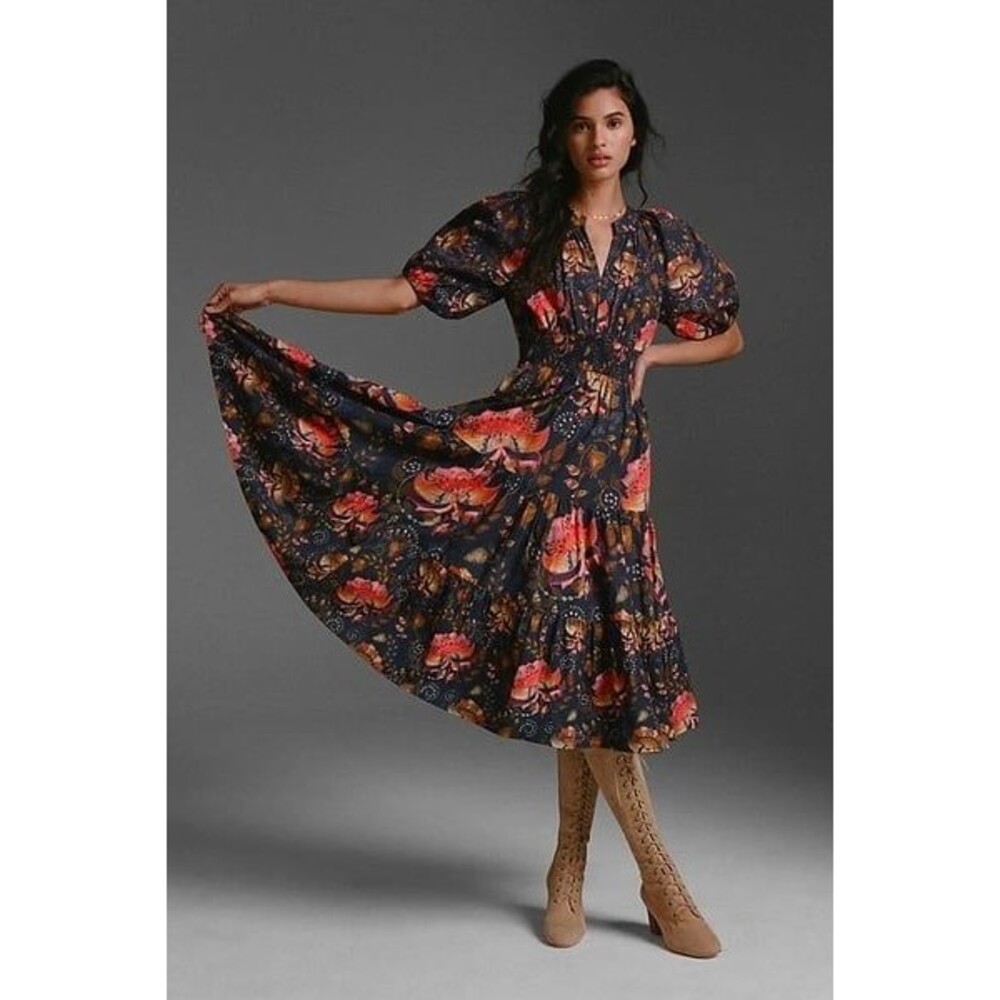 Conditions Apply Anthropologie Floral Puff Sleeve Tiered Midi Dress Size 10